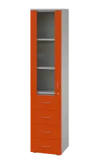 LE - 44 skříň léková prosklená, levá, korpus šedý, dvířka mandarinka